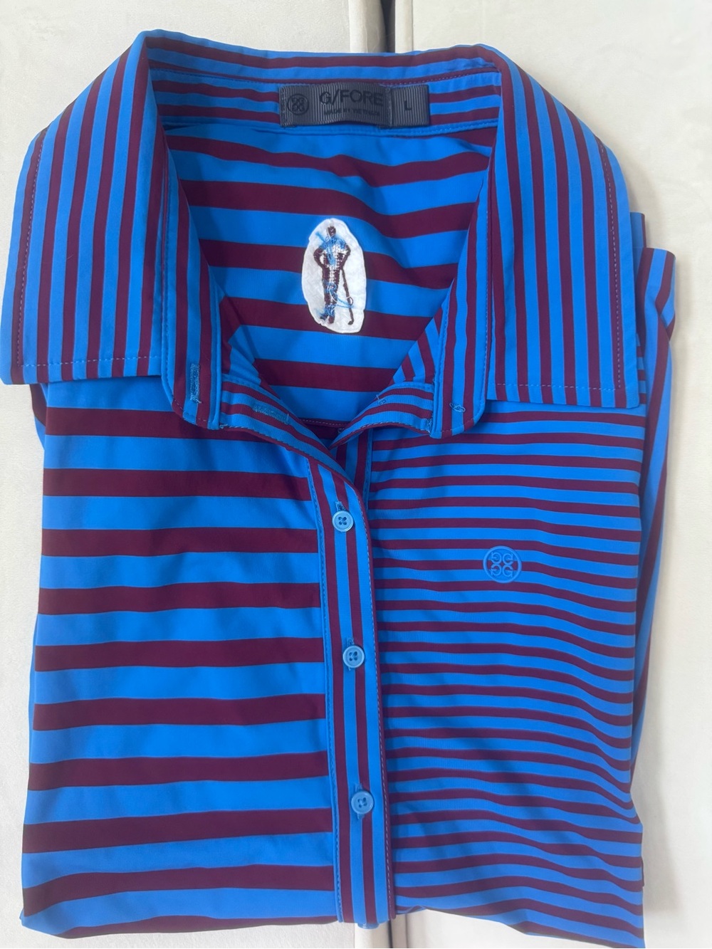 G/FORE Blue and Burgundy Striped Golf Polo